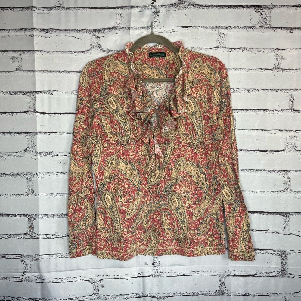 Vintage LRL Ralph Lauren paisley blouse Y2K ruffle western boho top red tan S